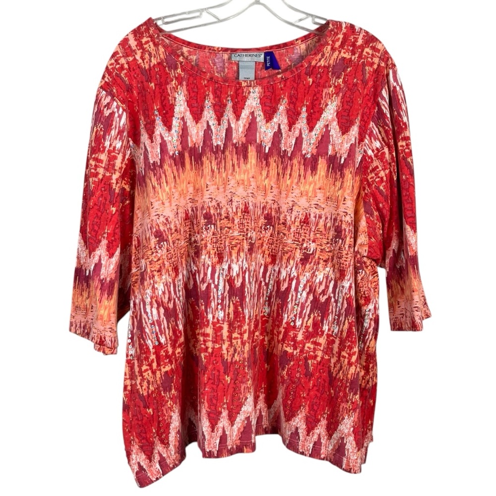 Catherines Orange Pink Striped Pattern Sequin Design 3/4 Sleeve Top Plus Petite